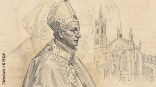 Bishop's Robes of St. Hugh of Lincoln in 12th-Century English Cathedral, Biblical Illustration, Beige Background, Copyspace