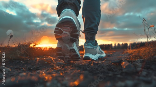 Low angle shot of shoes running at nature outdoor twilight sky