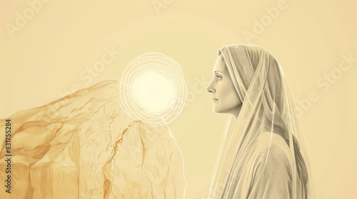Contemplation of St. Mary Magdalene at Empty Tomb with Ethereal Glow, Biblical Illustration, Beige Background, Copyspace photo