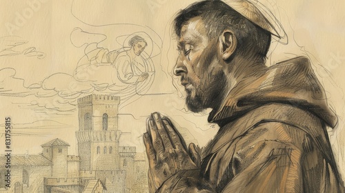 Prayer of St. Francis of Paola in 15th-Century Italian Monastery, Biblical Illustration, Beige Background, Copyspace photo