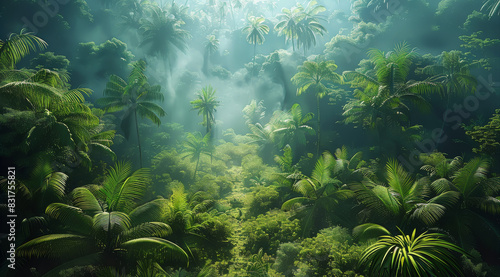 A big jungle and all around filled with trees. Generative AI.