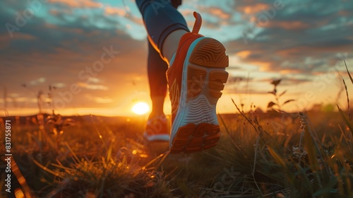 Low angle shot of shoes running at nature outdoor twilight sky