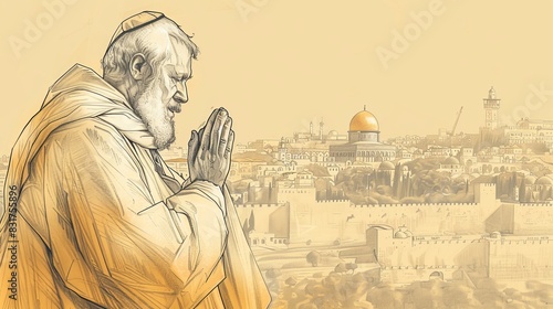 Prayer of St. James the Less in Ancient Jerusalem, Biblical Illustration, Beige Background, Copyspace photo