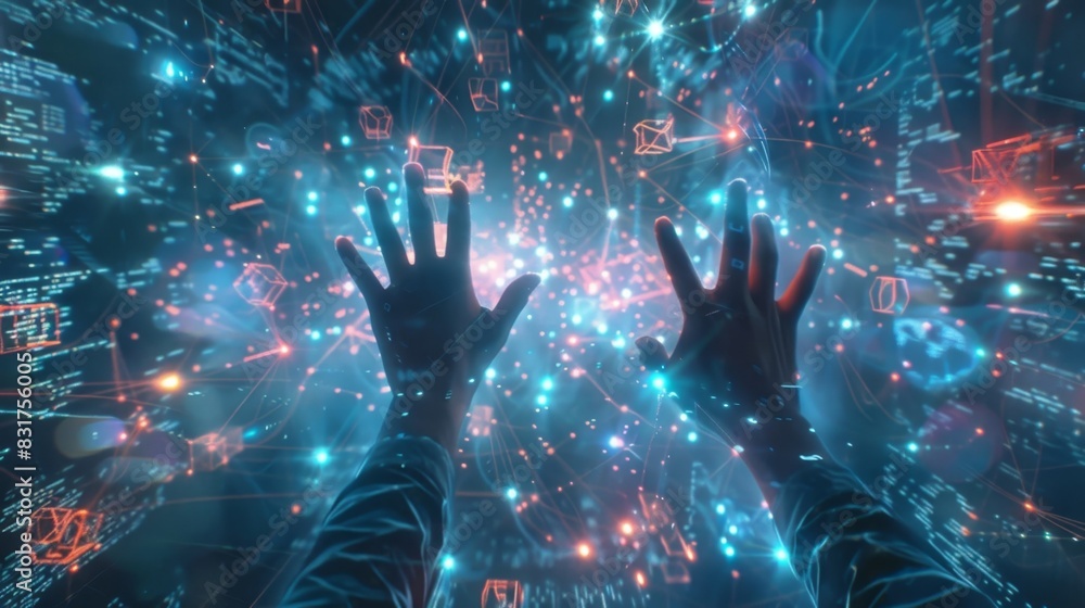A person in a virtual reality world surrounded by a pulsing network of data nodes using their hands to manipulate and analyze the connections between them. A person in a virtual reality world surrounded by a pulsing network of data nodes using their hands to manipulate and analyze the connections between them.