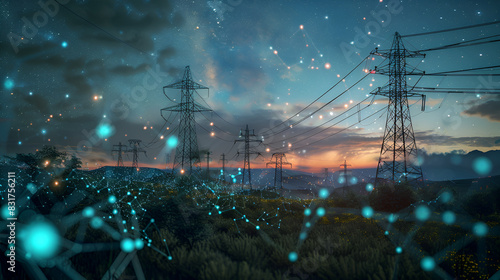  Power Transmission Lines with 3D Digital Visualization of Electricity. Fantastic Visuals of Night Sky Full of Bright Stars. Concept of Renewable Green Energy Powering Human Progress ai generative photo