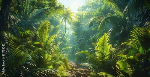 A big jungle and all around filled with trees. Generative AI.