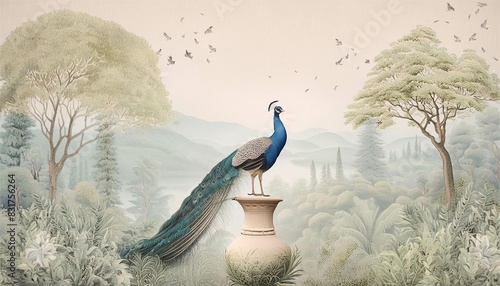 孔雀　鳥　森　庭園　植物　ボタニカル　ヴィンテージ　壁画　絵画　壁紙　背景