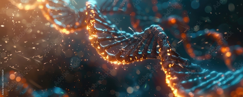Digital representation of a DNA structure with glowing particles and connection lines for scientific concepts. Digital representation of a DNA structure with glowing particles and connection lines for scientific concepts.