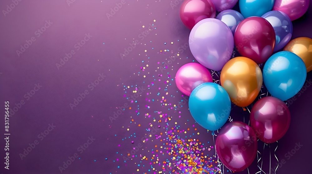 Carnival Atmosphere in Minimalist Style Balloons Streamers and Confetti on Deep Plum Background Carnival Atmosphere in Minimalist Style Balloons Streamers and Confetti on Deep Plum Background