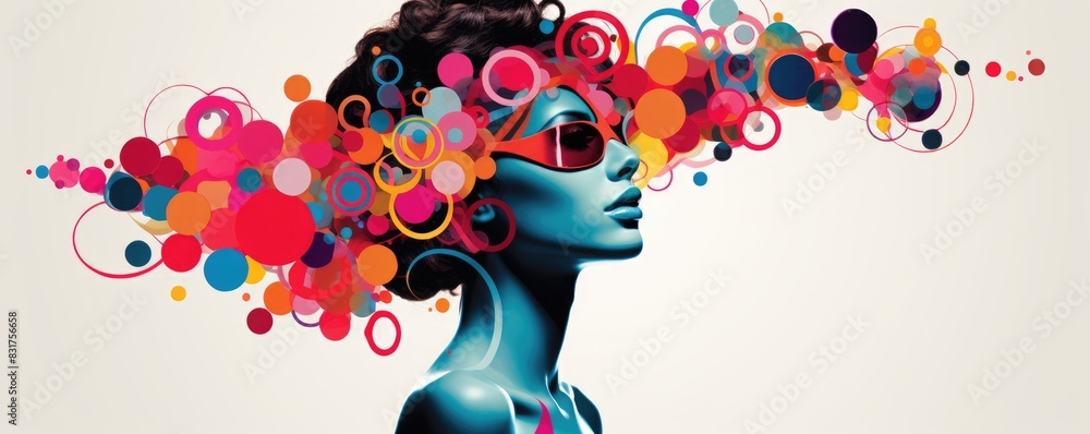 Fototapeta premium woman with a headpiece of multicolored bubbles on a light background. illustration concept.