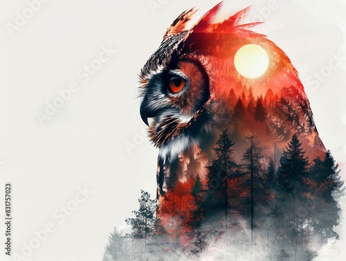 Imaginative double exposure of an owl with a forest and sunset. Artistic wildlife and nature concept. Perfect for enchanting decor or creative projects. photo