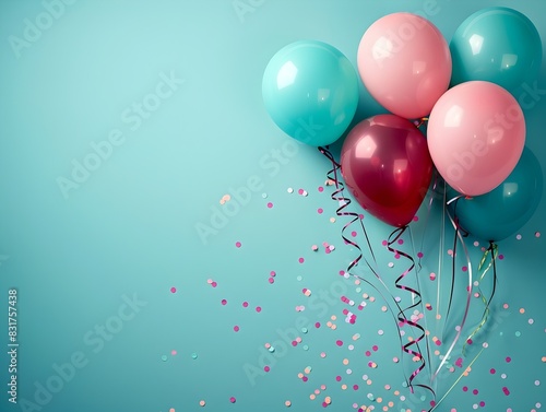 Carnival Atmosphere Fills Minimalist Corner of Vivid Aqua Background with Balloons and Streamers photo