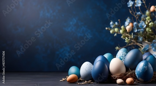 Easter eggs and decorations are copied onto a dark blue backdrop, leaving room for writing and greetings. photo