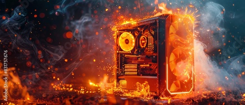 A computer on fire, symbolizing overheating technology. Sparks and smoke surround the fiery PC, creating a dramatic effect. photo