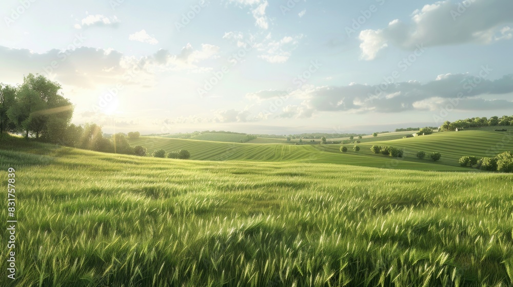 Fototapeta premium Calm Countryside Scene: Tranquil fields and rolling hills under a clear sky