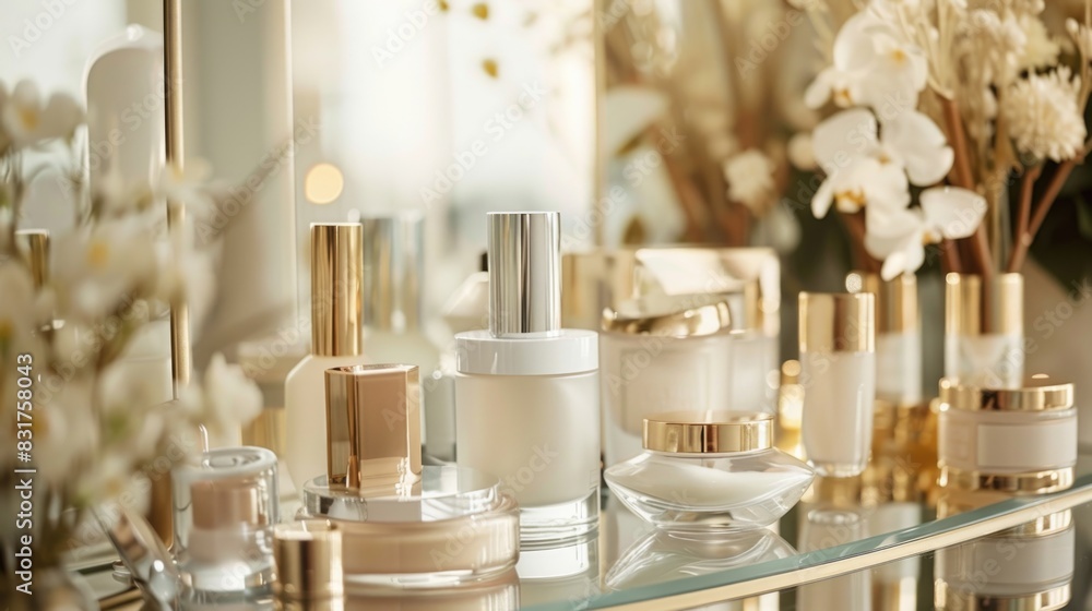 Cosmetic Beauty Products: Luxurious skincare and makeup essentials on a vanity table Cosmetic Beauty Products: Luxurious skincare and makeup essentials on a vanity table