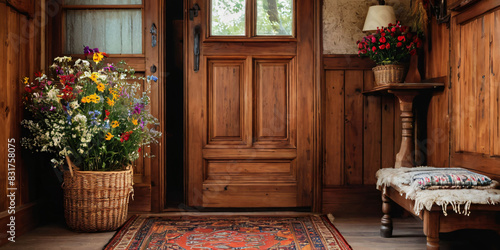 A rustic and cozy entryway with a wooden door, a vintage-inspired rug, and a small bench, decorated with a basket of blankets and a vase of wildflowers. photo