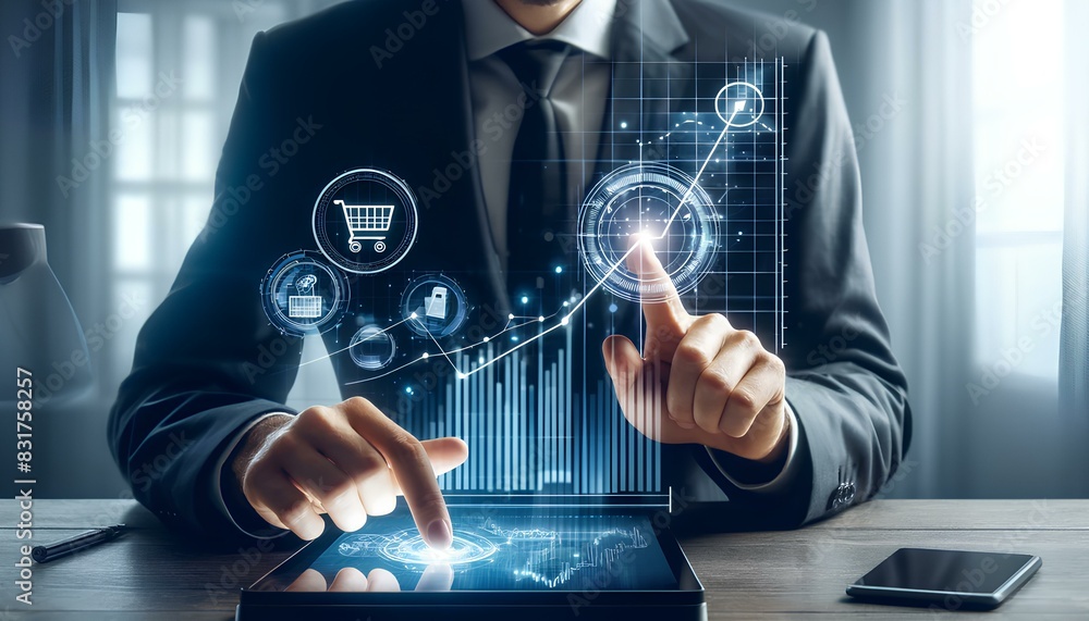 image depicting the concept of sales growth. A businessman is touching a graph showing an increase in sales volume image depicting the concept of sales growth. A businessman is touching a graph showing an increase in sales volume