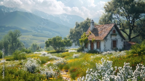 A peaceful countryside cottage nestled among rolling hills, its quaint charm captured in every detail, inviting viewers to escape the hustle and bustle of everyday life.