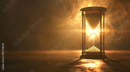 A striking hourglass with golden sand, illuminated by a radiant sunlight glow, symbolizing the passage of time and elegance.