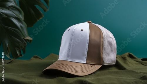 PNG format white blank cap mockup with a green background. photo