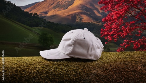 Blank white cap mockup, PNG format, green background. photo