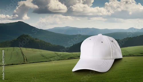 Green background with white cap mockup, PNG image. photo