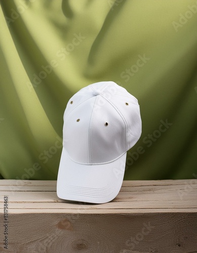 White cap on green background mockup, PNG. photo