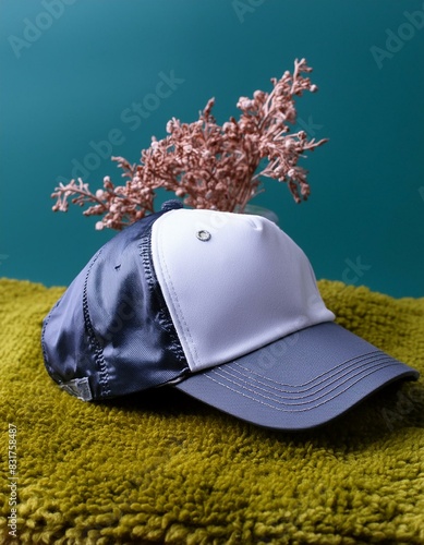 White cap mockup on a green background, PNG. photo