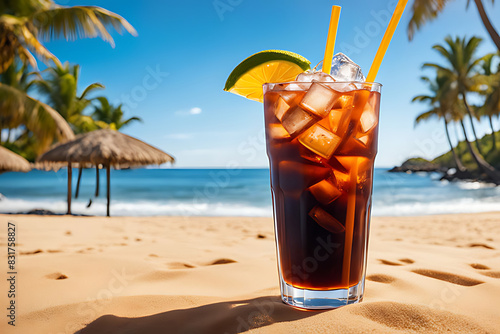 Iced americano with summer beach background, background illustrations, A refreshing ice americano on the beach with clear blue skies, golden sand and waves gently hitting the background, AI © Kim