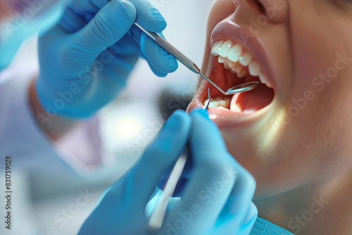 Close-up of a dental check-up with dentist using tools to examine patient's teeth. Professional dental care in clinic, oral hygiene.