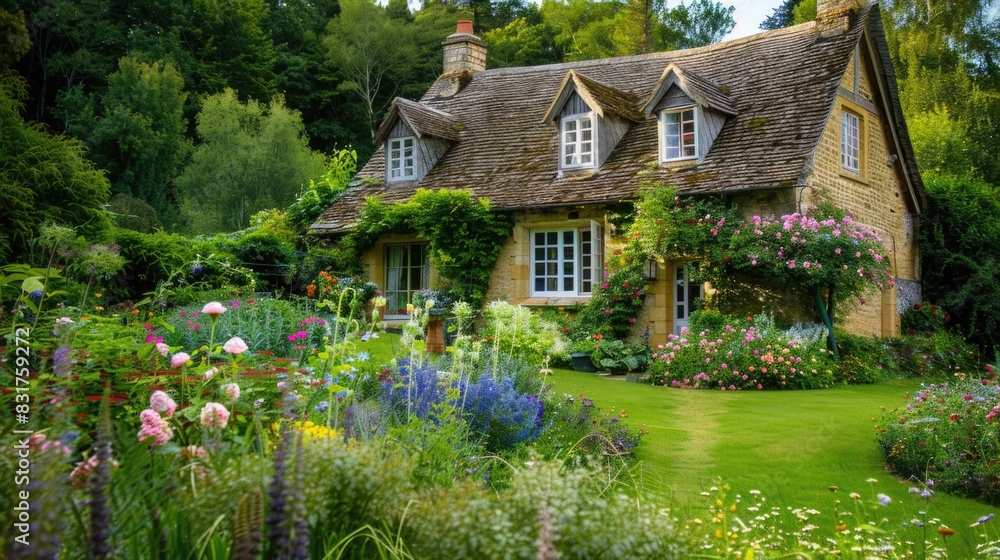 Obraz premium Picturesque Countryside Cottage: Quaint house surrounded by blooming flowers