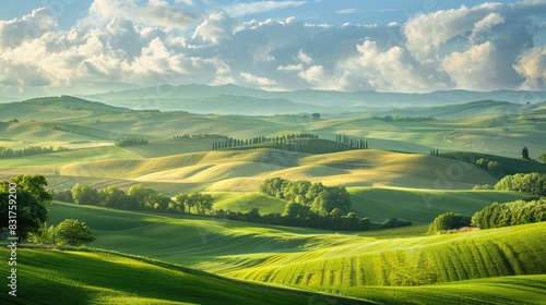 Peaceful Countryside Landscape: Rolling hills and tranquil farmland