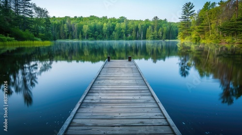 Peaceful Lakeside Retreat: Wooden dock extending into calm water