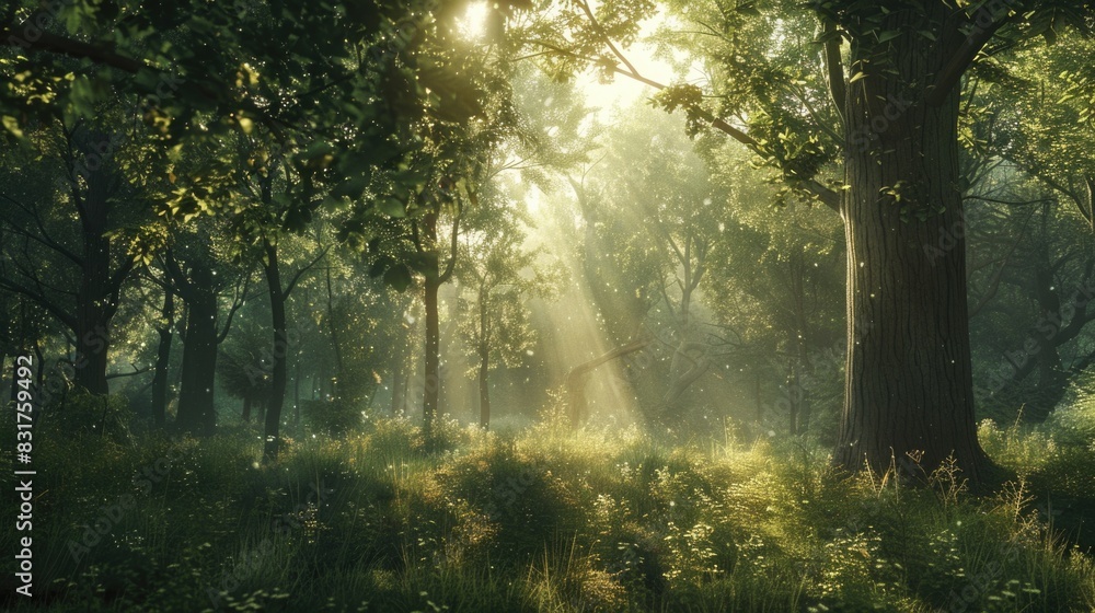 Fototapeta premium Soothing Forest Scene: Beautiful sunlight filtering through trees in a tranquil woodland