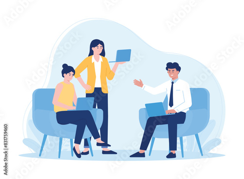 Manager meeting with employees in the room concept flat illustration
