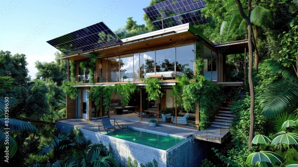 Sustainable Living: Eco-friendly lifestyle with solar panels and green architecture