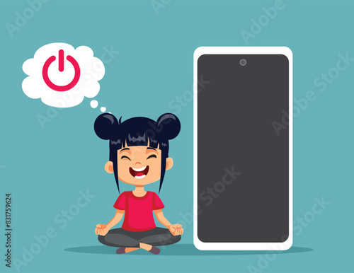 Little Girl Trying Digital Detox Fighting Addiction Vector illustration. Kid taking a break from being chronically online recognizing addictive behavior 
