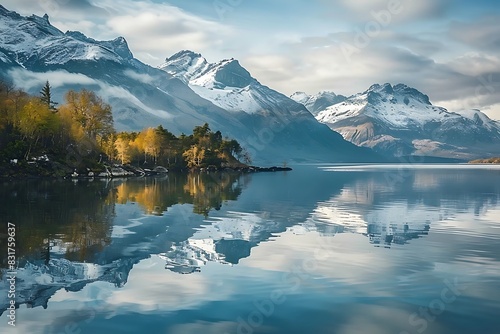 A peaceful mountain lake reflecting snow-capped peaks.