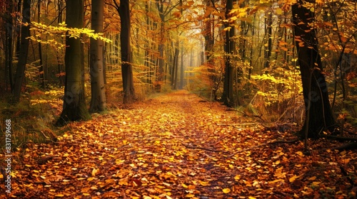 Tranquil Forest Path in Autumn  Golden leaves carpeting the ground