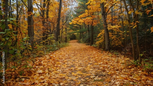 Tranquil Forest Path in Autumn: Golden leaves carpeting the ground