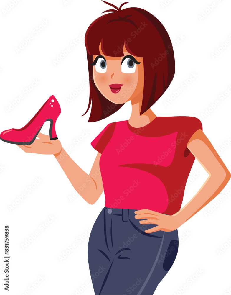 Happy Woman Holding a Red High Heel Shoe Vector Cartoon. Fashion store promoter presenting classical footwear 
