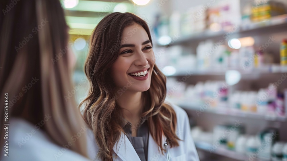 Happy pharmacist talking to her customer who is buying medicine in drugstore. Happy pharmacist talking to her customer who is buying medicine in drugstore.