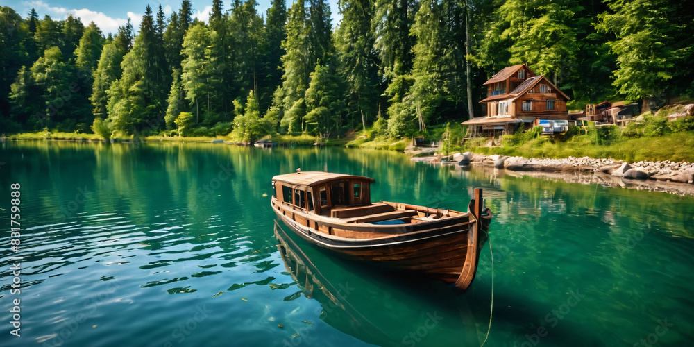 A boat ride of a building, with the details and texture created by the artist's hand and the tools, with a boat on a lake. A boat ride of a building, with the details and texture created by the artist's hand and the tools, with a boat on a lake.