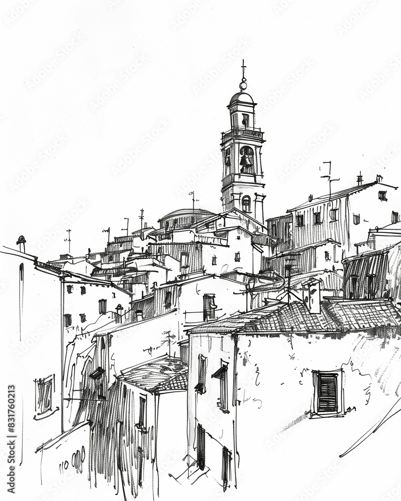 a simple ink drawing of the cityscape of Mçu, Italy, drawn by hand in black pen on white paper.