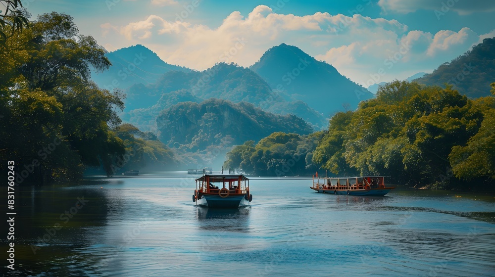 beautiful view in the afternoon boats on the river and two mountains beautiful view in the afternoon boats on the river and two mountains