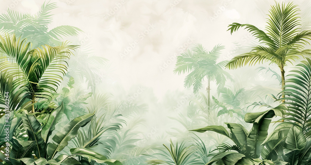 Obraz premium A white background with a row of palm trees and plants in the jungle, painted in the style of Anna shirley hunkin. The colors are light green, soft gray and warm yellow. There is some mist around the 