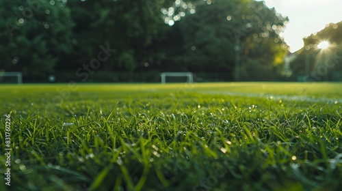 Lush green football pitch, foreground in sharp focus with background fading away © The_Billy