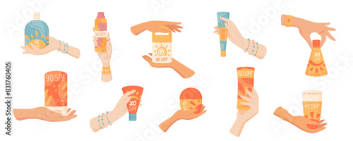 Creative collection with hands hold sun screen product, flat woman character with sun block cream bottle or uv protection lotion pack, isolated hand holds sunscreen spray container or moisturizer tube