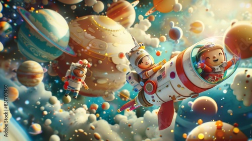 Whimsical 3D Cartoon Astronauts: Adventures in the Cosmic Realm, illustration, wallpaper, 